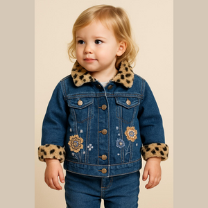 Vintage Jean Jacket Kids Headquarters 2T faux fur trim flower appliqué